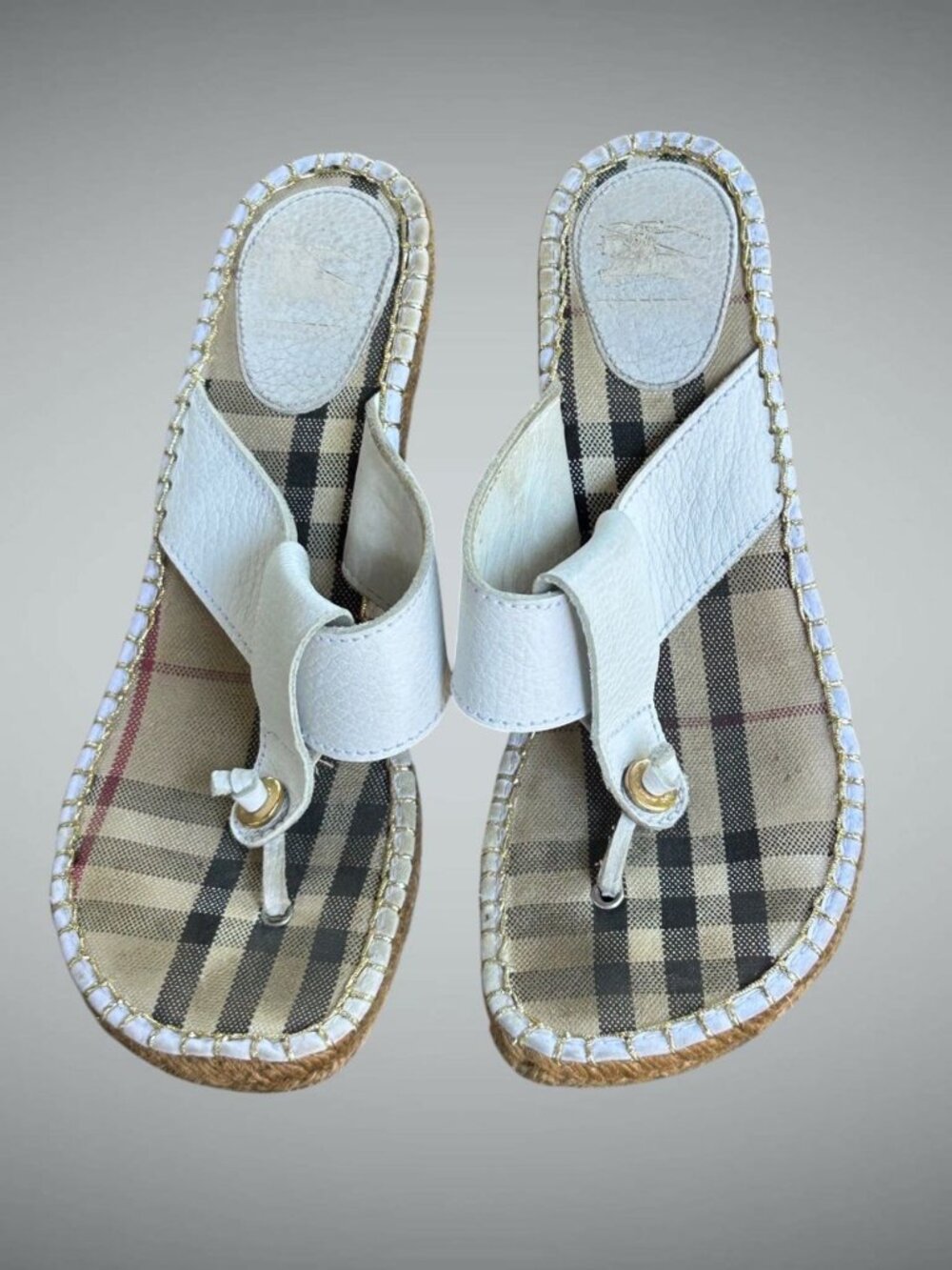 Burberry Espadrille Wedge Thong Sandals Leather Straps Nova Check Size 41